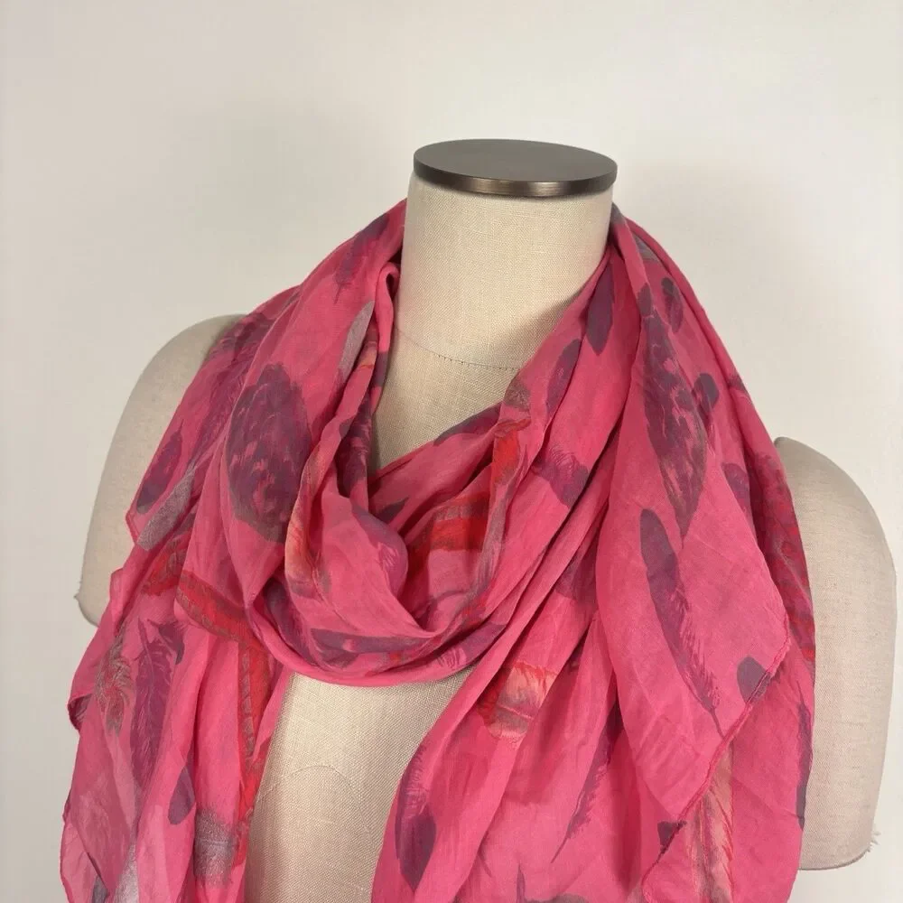 Moda Accessori Italy Pink Feather Print Scarf Cotton Silk Blend Lightweight